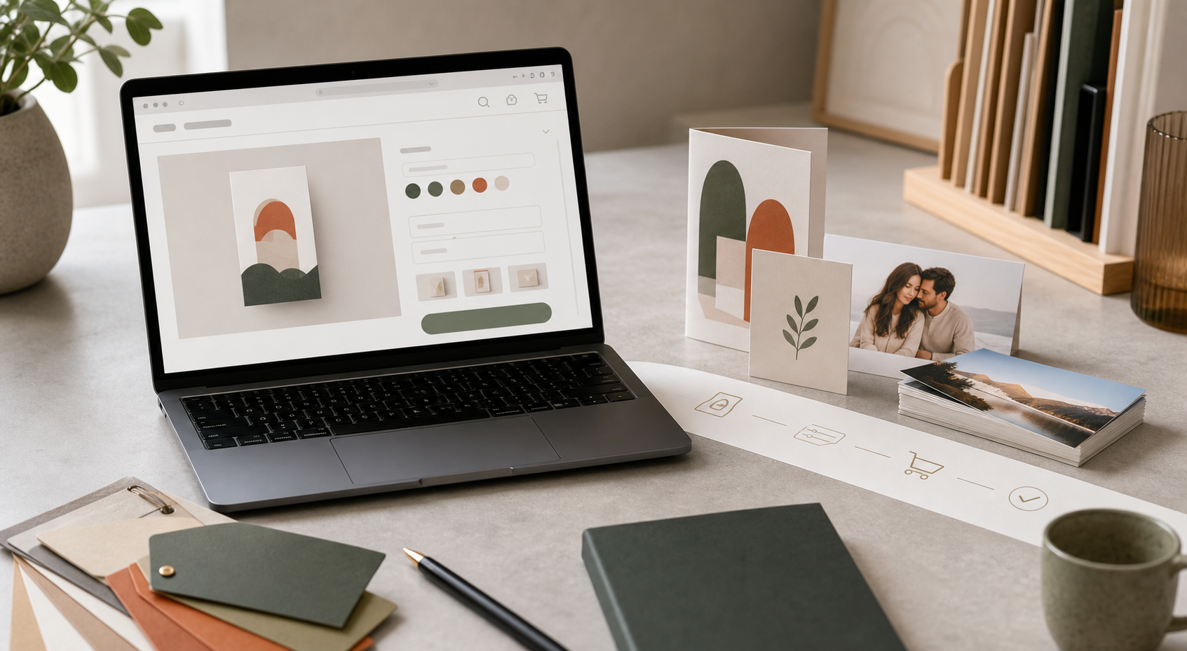 Ordinateur affichant un parcours e-commerce avec produits imprimés personnalisables